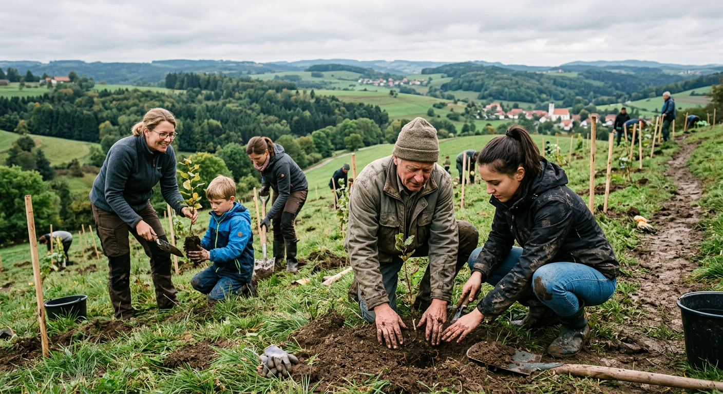 Volunteers planting young trees on a green hillside