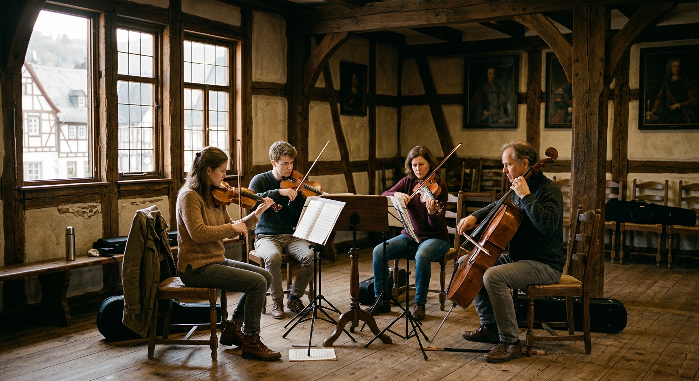 A small chamber music rehearsal in a timber-framed hall