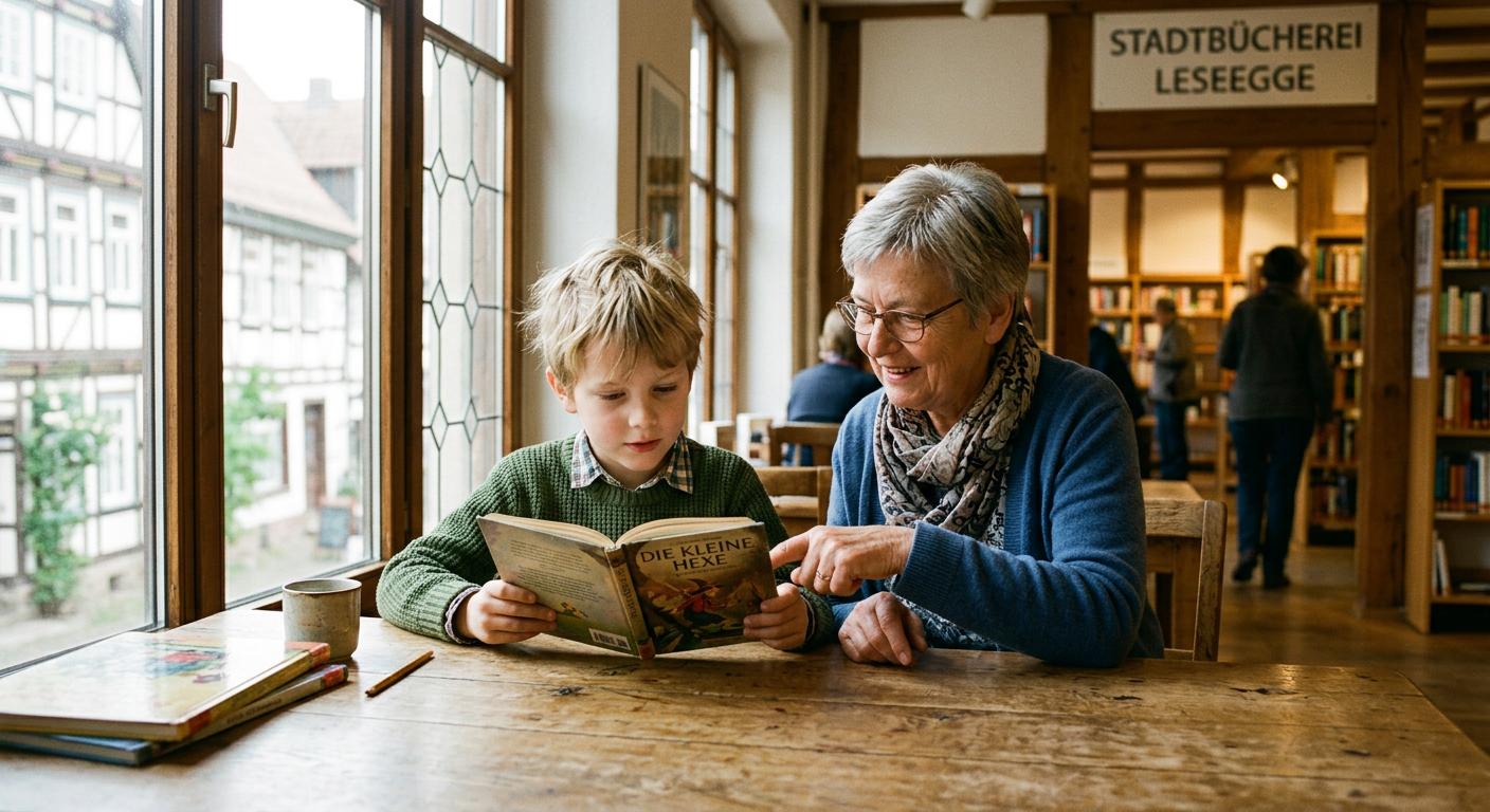 A mentor and a student reading together in a library