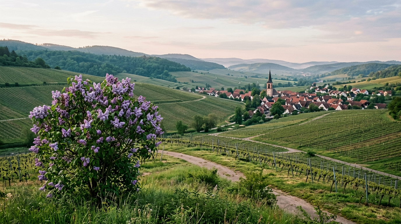Vineyard hills near Talheim with lilac blooming in the foreground